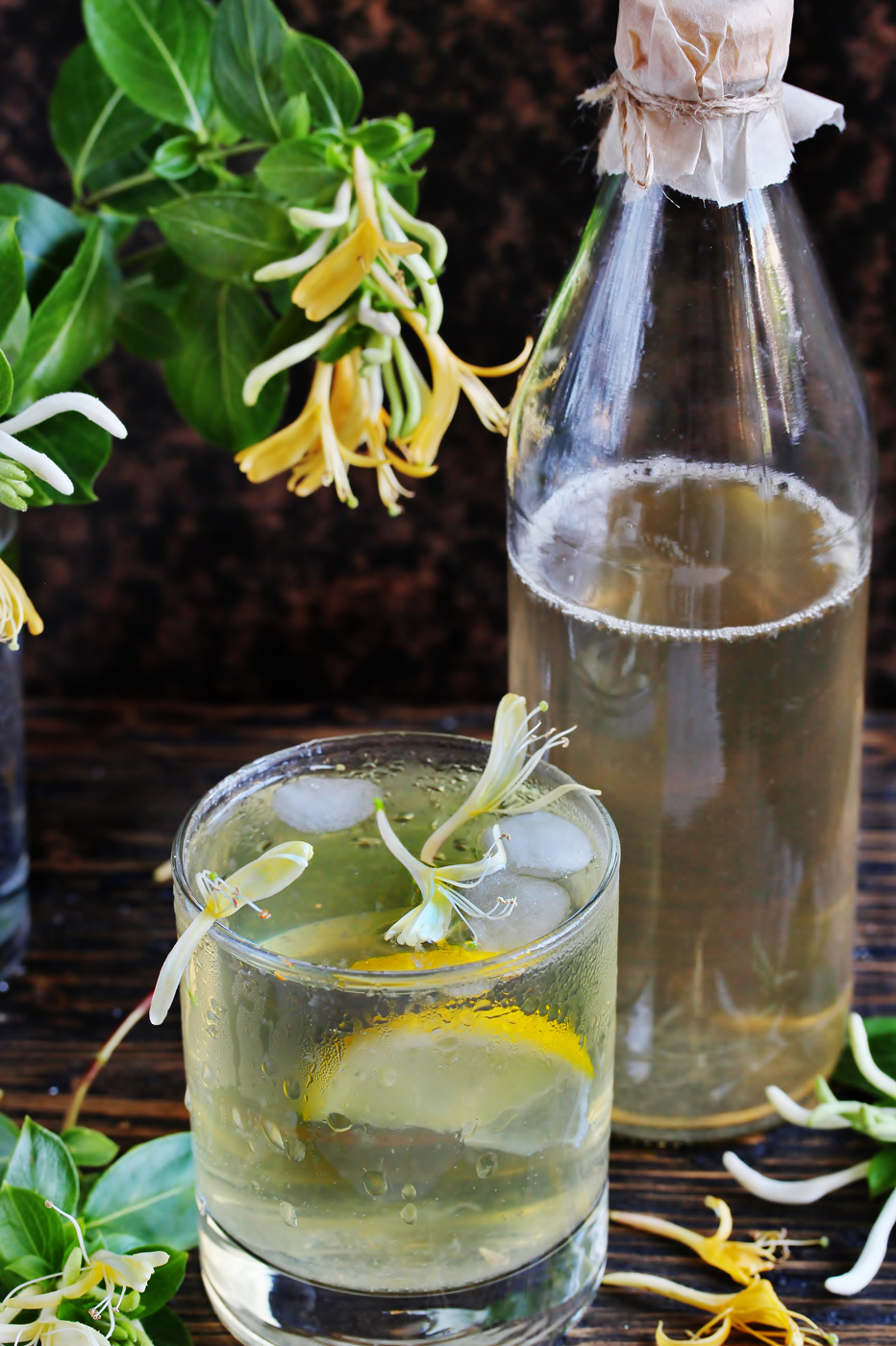 Cold drink with honeysuckle flowers