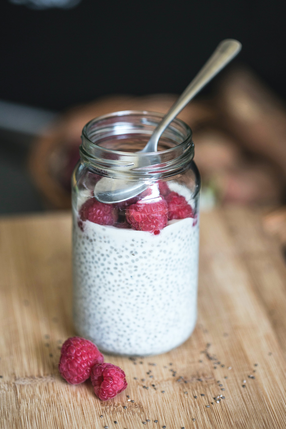 raspberries and chia seeds in mason jar