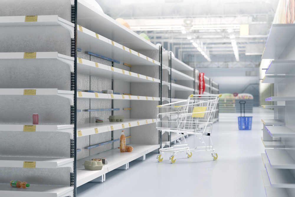 Empty shelves in supermarket grocery store