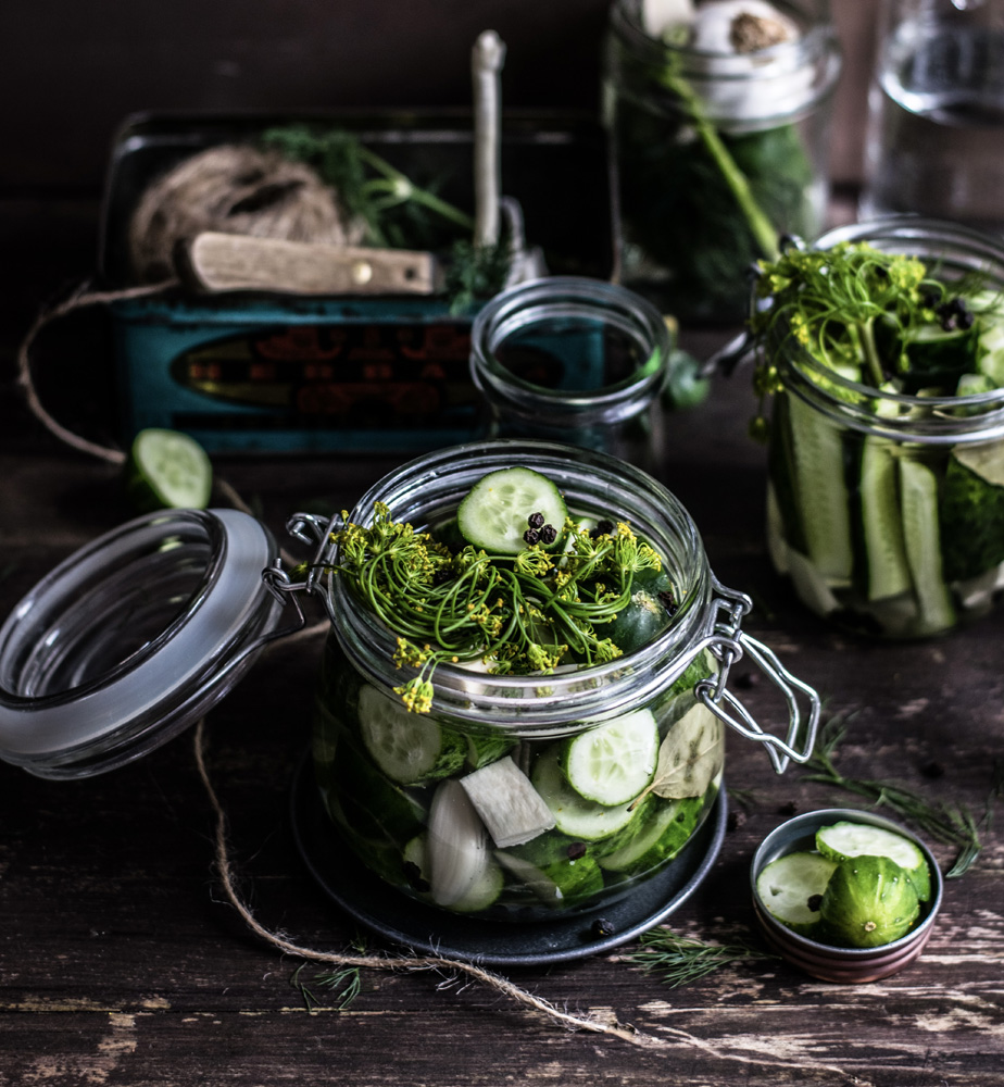 jar of vegetables and herbs for probiotic fermentation pickles