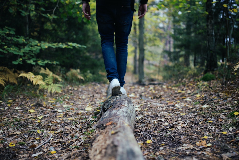 person walking on log on trail in the woods