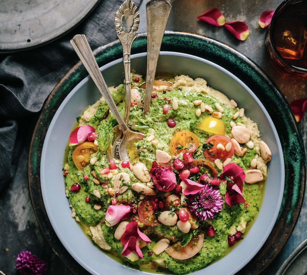 bowl of pesto and vegetables