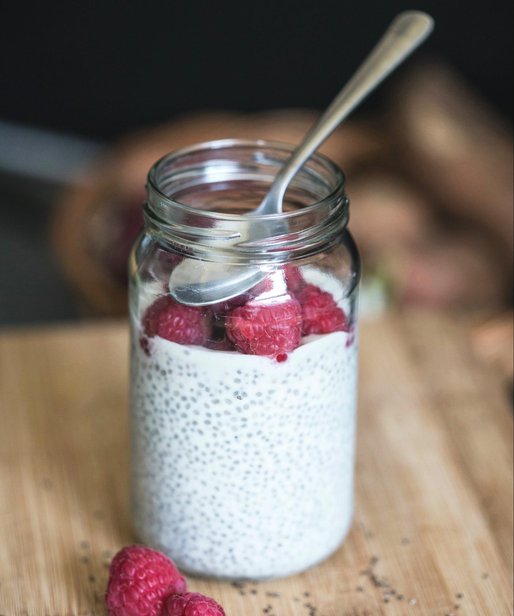 chia seed pudding with berries in a jar