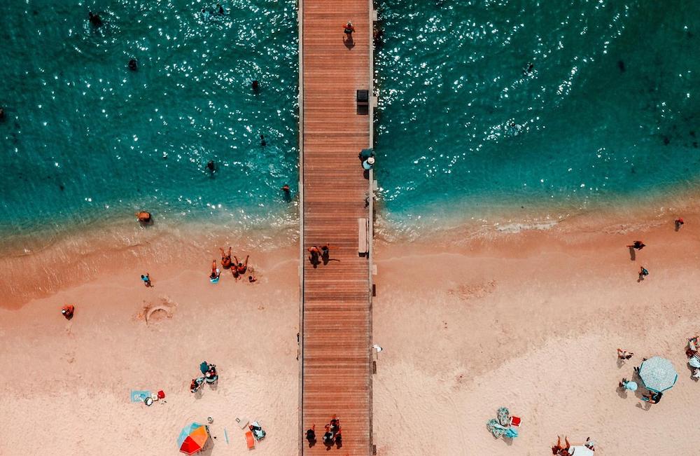 overhead view of beach and dock