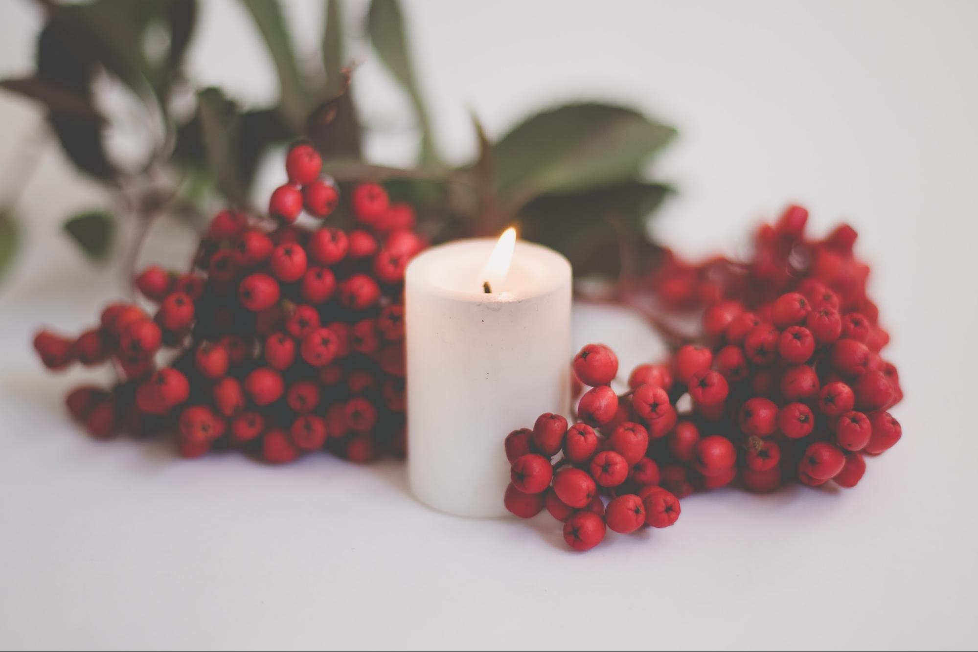 holly berries and candle