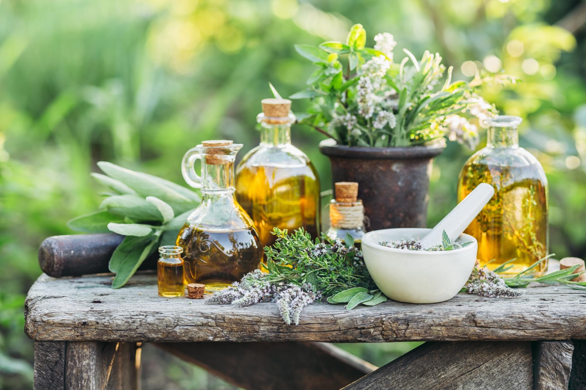 table set to make herbal remedies