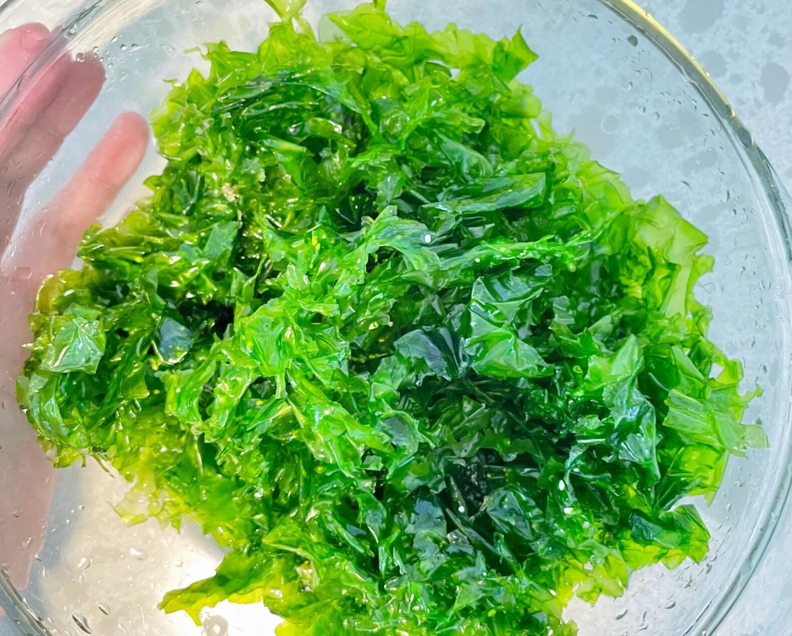 bowl of bright green seaweed