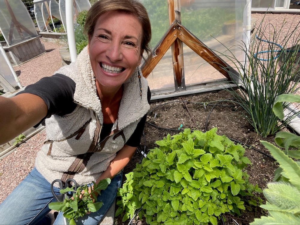 Nicole Apelian with lemon balm in raised bed