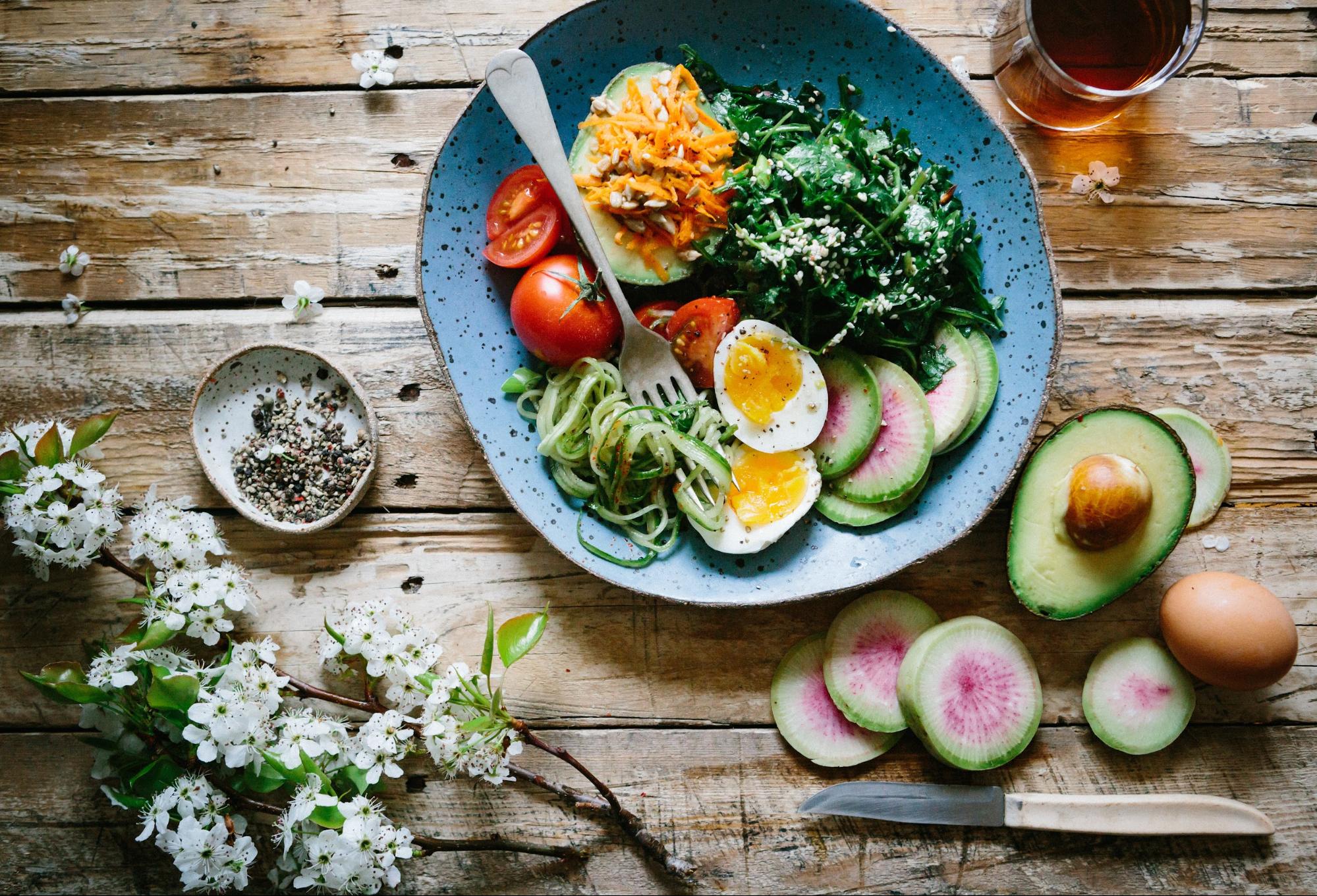 bowl of fresh vegetables and boiled egg