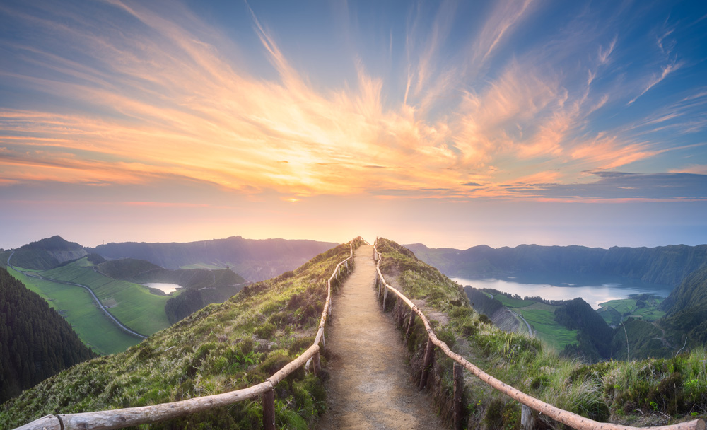 Mountain landscape Ponta Delgada island, Azores epic trail sunrise
